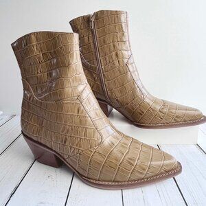 Able Women's Shoes Leather Croco Embossed Tan Ankle Boots Side Zip Size 8.5